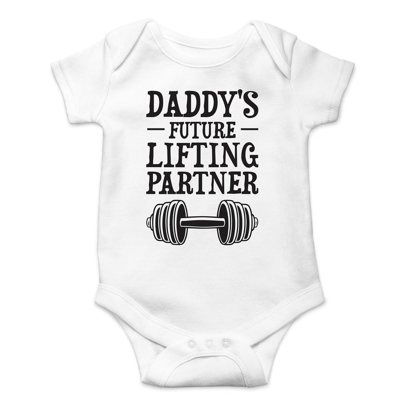 Funnwear Daddy's Future Lifting Partner - Funny Baby Essentials Bodysuit - Newborn Boy Girl Clothes (Newborn, White) - Image 1